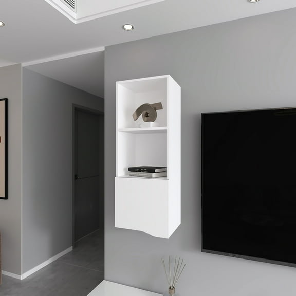 Wall Cabinet For Living Room - White, Open Shelves Display, Concealed Essentials, Construction White Storage Solution, 2 & Hidden Compartment, Design