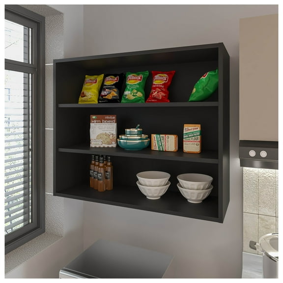 Wall Cabinet, Kitchen Storage - Chinle Melamine Open Shelves, Black - 30"H x 36"W x 12"D