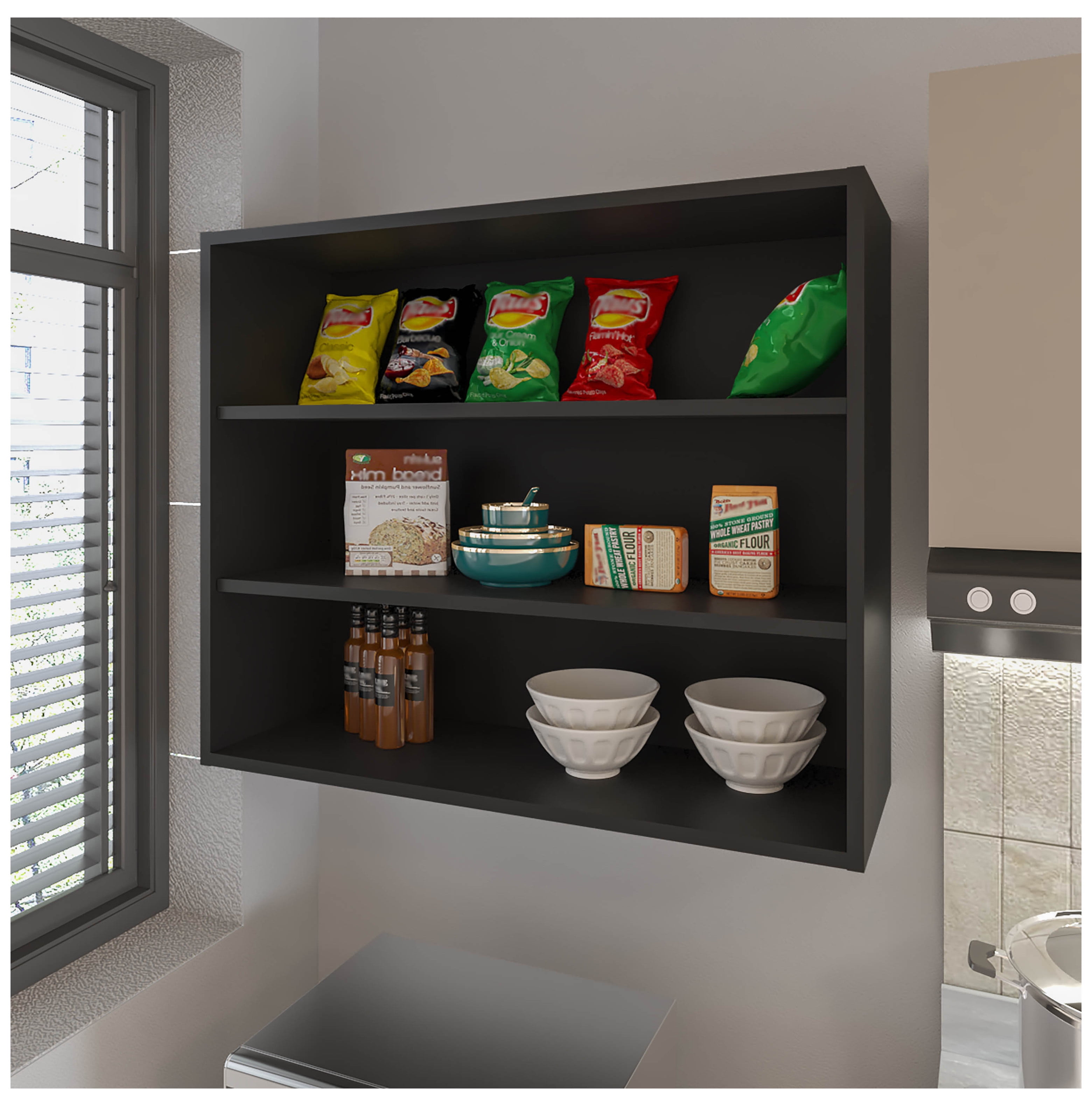 Wall Cabinet, Kitchen Storage - Chinle Melamine Open Shelves, Black -  30x36x12 Inch, Wall Mounted, image size:3120x3160