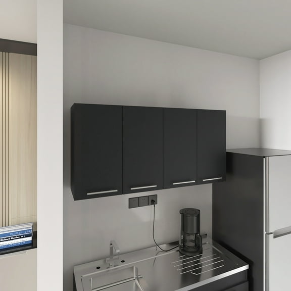 Wall Cabinet, Particle Board Kitchen Storage with Four Doors and Two Spacious Divisions, Black Finish, Wall Mounted Design, 47.2" W x 23.6" H x 13.1" D for Kitchen, Garage or Mudroom