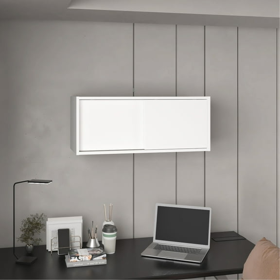 Wall Cabinet With Sliding Doors - 32"w X 13"h, White, For Office, Living Room, Garage, Modern Design, Particle Board Bedroom, Office Doors, Board, Spacious Storage Space