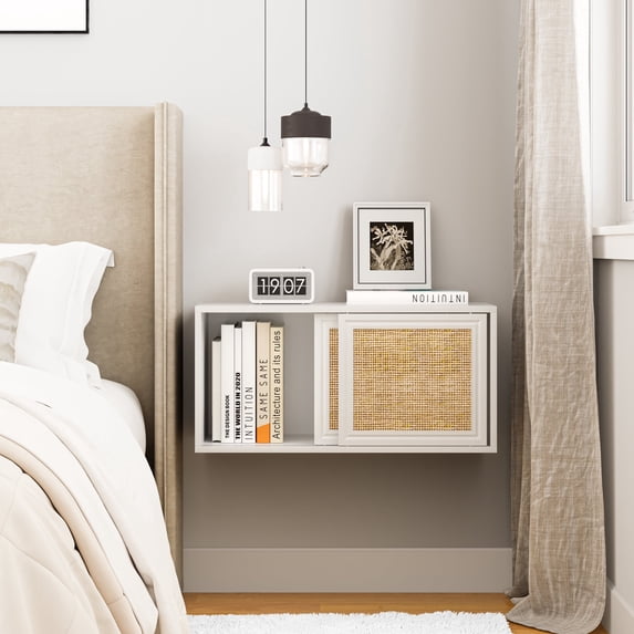 Wall Cabinet Storage-Rattan Floating Cabinet Slidding Doors,Wall Mounted Cabinet for Laundry Room,28INCH X 1PCS,White