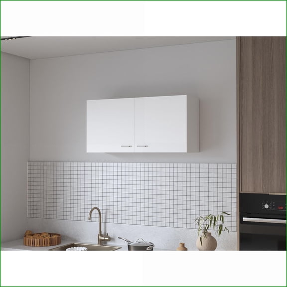 Wall Cabinet, White Two-Door Melamine Kitchen Storage | Contemporary,Modern | Melamine