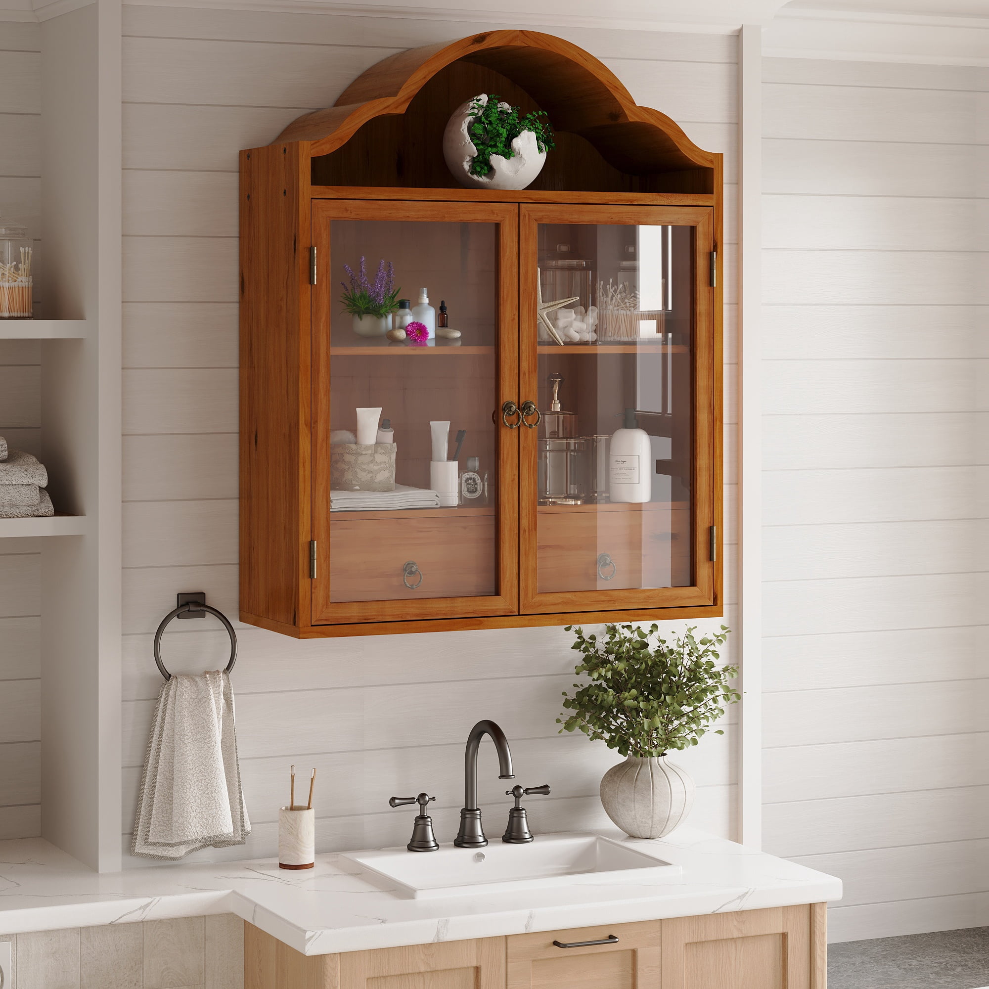 Wall Cabinet with Elegant Wave Top and Solid Wood Frame, Rustic Vintage Wall Cabinet and Storage Shelf for Dining Room Kitchen Bathroom, Brown