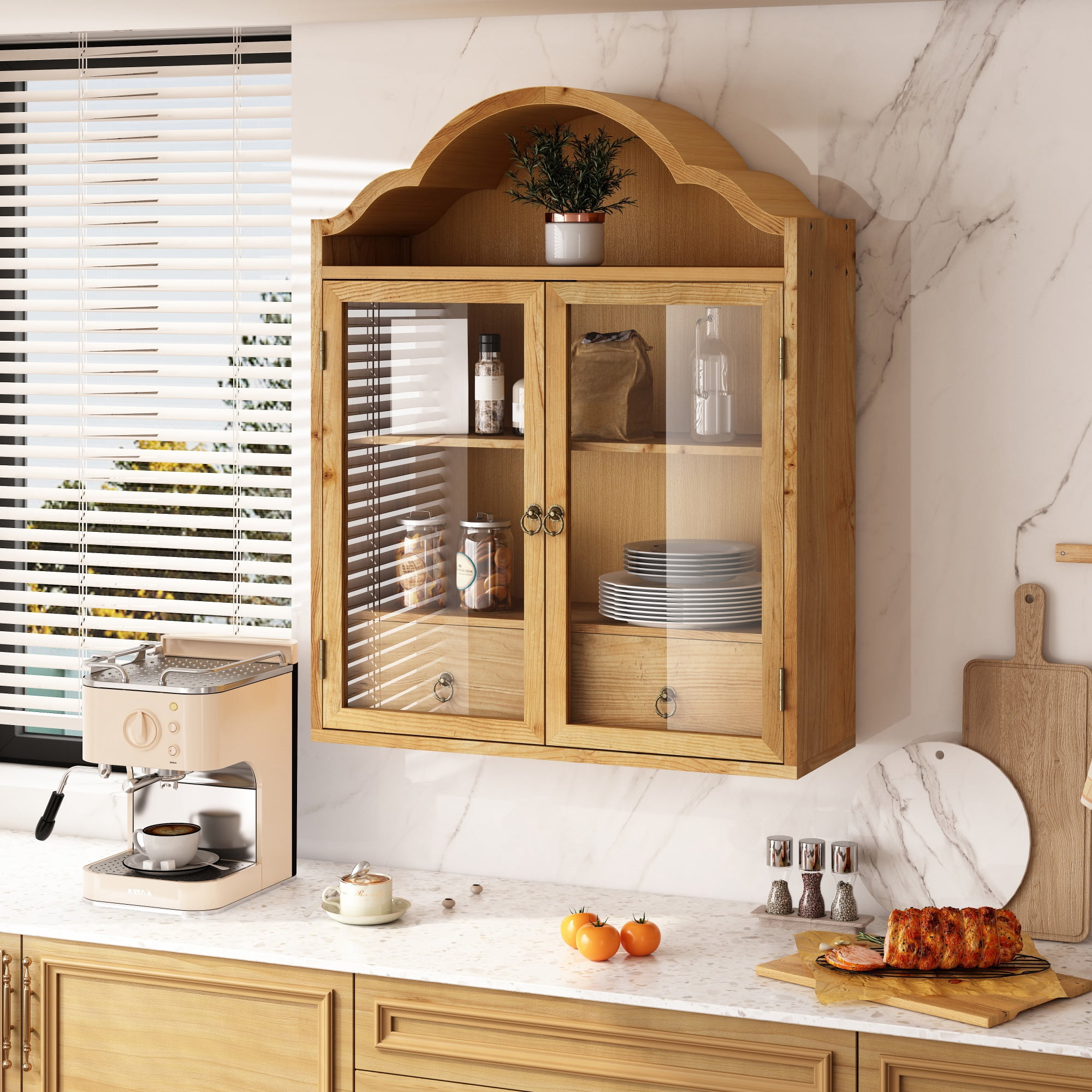 Wall Cabinet with Elegant Wave Top and Solid Wood Frame, Rustic Vintage Wall Cabinet and Storage Shelf for Dining Room Kitchen Bathroom, Natural