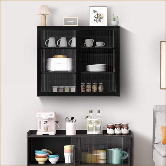 Wall Cabinets Modern Two-Door Glass Door, Black Iron & Tempered Glass | 27.56”L x 9.06”W x 23.62”H | Multi-Room Storage