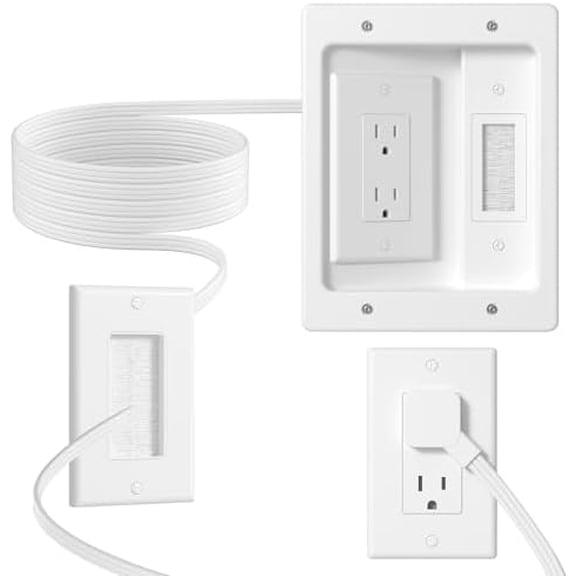 in Wall Cable Management Kit with Brush Wall Plate & Hole Saw - TV Cable Hider Wall Kit - Eliminated The Clutter,Includes 9.8ft Cord & 2 AC Outlets for Organized TV and Home Theater Setups