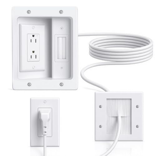in Wall Cable Management Kit with Recessed Outlet Box, TV Cord Hider & Concealer - Dual Power Outlet, Large Pass-Through for HDMI Cables, UL Listed for Wall Mounted TV