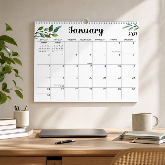 Wall Calendar 14x11 Inch 2027 English 18-Month Coil Hanging Daily Planner with Leaf Design for Home Office School Decoration