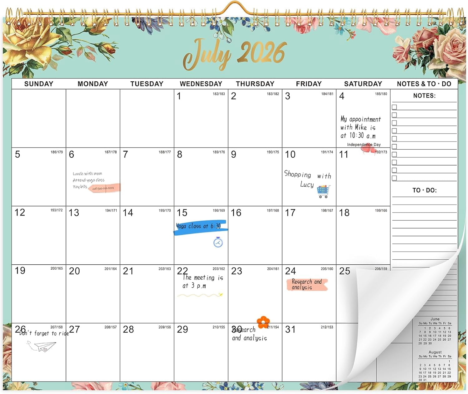 Wall Calendar 2026-2027, 18 Month Large Desk Calendar from July 2026 to December 2027 14.5" x 11.8" Monthly Calendar with Twin-Wire Binding for Home Office Planning Organisers, Watercolor Flowers