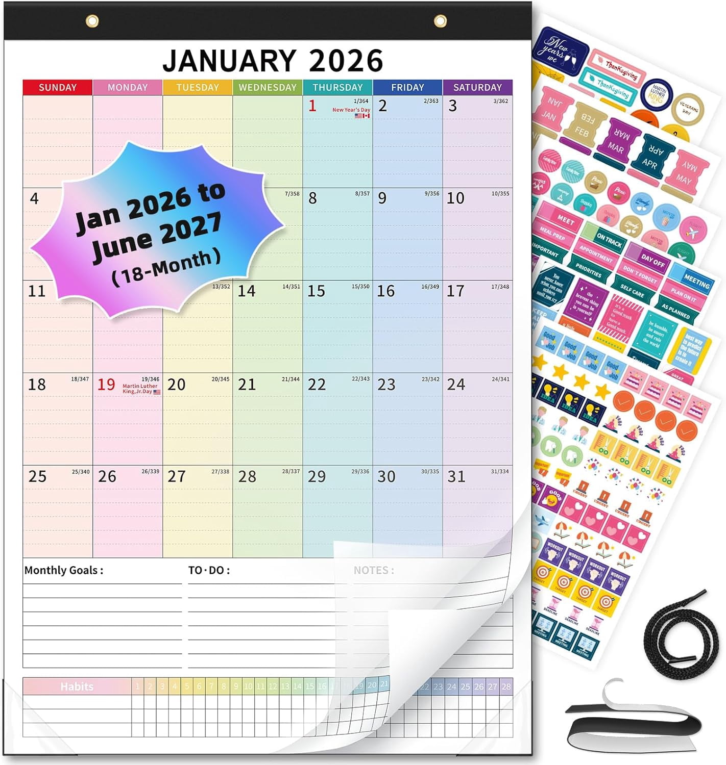 Wall Calendar 2026-2027 Magnetic for Refrigerator, 12'' x 17'' Desk 18 Month, Use Jan 2026 - June 2027, Multicolor