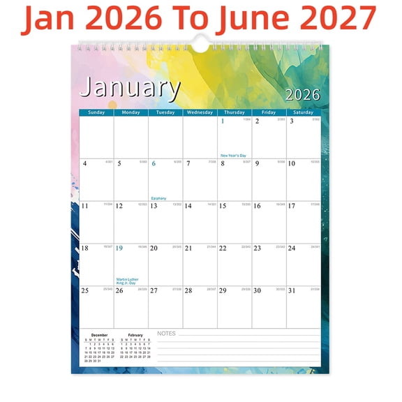 Wall Calendar, Jan 2026- June 2027 , Blocks and Julian Dates, 12" x 17", 18 Month