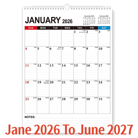 Wall Calendar, Jan 2026- June 2027 , Blocks and Julian Dates, 12" x 17", 18 Month