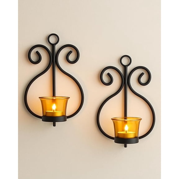 Wall Candle Sconce Set of 2 Wrought Iron Candle Holder Hanging Wall Mounted Candle Sconces for Living Room Home Decor, Black with Glass and Free T-Light Candles (Yellow)