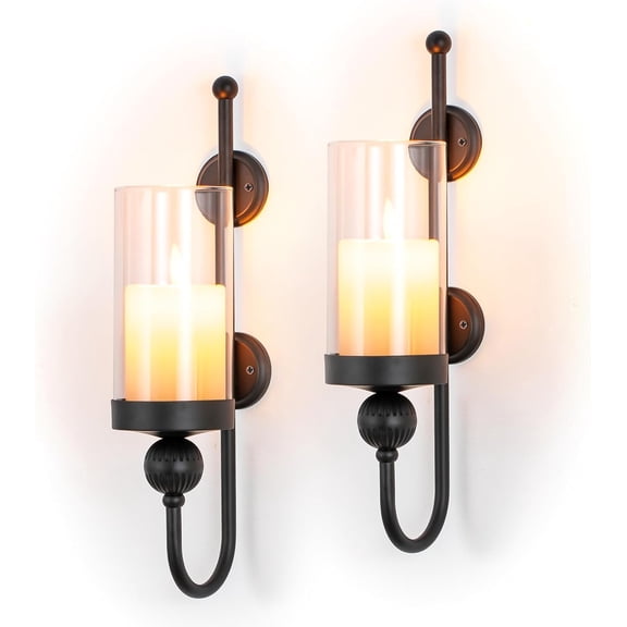 Wall Candle Sconces Black: Wall Candle Holder Set of 2 for Pillars with Hurricane Glass - Wall-Mounted Metal Candleholder for Living Room Bathroom Bedroom
