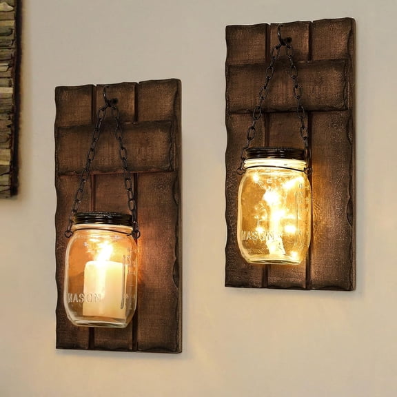 Wall Candle Sconces Set of 2, Candle Holder Rustic Home Decor, Farmhouse Mounted Wooden Candle Holders with Lights, Wall Decorations for Bedroom, Living Room, Kitchen, Bathroom