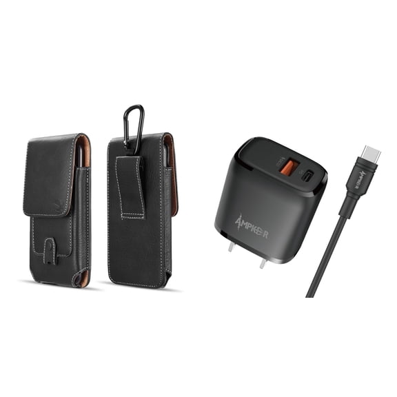 Wall Charger and Holster Bundle for OnePlus 10T 5G: Vertical Magnetic Belt Holster Case (Black) and 38W Dual Port (Power Delivery PD Type-C and USB-A) Power Adapter