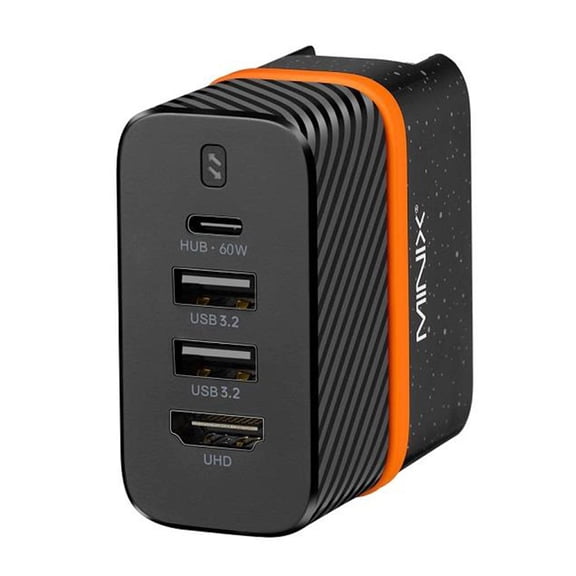 Wall Charger Hub with PD60W Fast Charging, 2*USB 3.2, HDMI 4K@30Hz, 10Gbps Transfer Speed, Interchangeable Plugs, Dual Display Support MINIX P4K