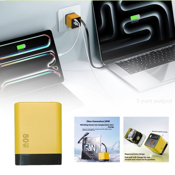 Wall Charger Wall Plug Power Hub for PD Charging Station with 80W Max Retractable 2 USB Ports Plug Portable Yellow Laptop and Phone