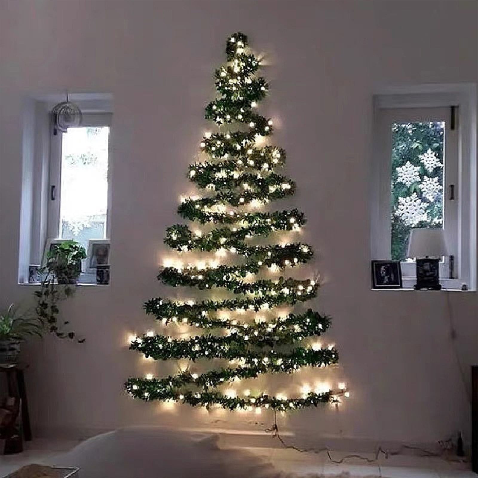 Wall Christmas Tree With Lights, Artificial Greenery Garland LED Wall Hanging Mounted Christmas Trees Lighted Hanging Wall Decoration Space-Saving Christmas Decor Rustic Flat Hanging Xmas Tree Indoor