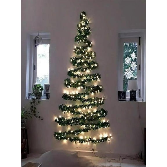 Wall Christmas Tree With Rattan Lights, Artificial Green Garland LED Wall Hanging Mounted Christmas Trees Lighted Hanging Wall Decor Space-Saving Christmas Decor Rustic Flat Hanging Xmas Tree