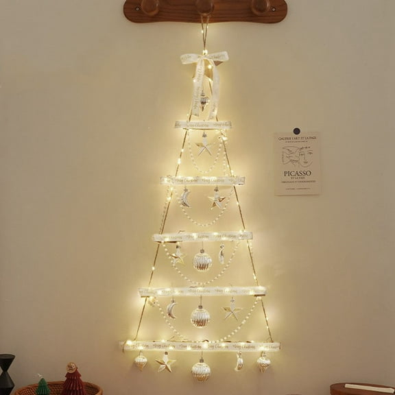 Wall Christmas Tree, White Illuminated Christmas Wall Tree - Wall-Mounted With Xmas Ornaments, Pinecone & Rattan Pendants - For Xmas Decor, Home Wall Decor, Holiday Display