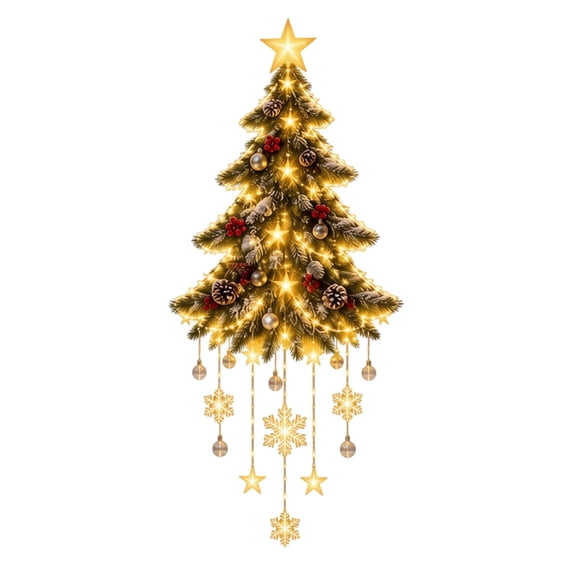 Wall Christmas Tree With Lights, 3.2Ft Pre-Lit Wall Mounted Xmas Tree With Ornaments For Living Room, Window, Door, Home Holiday Decor