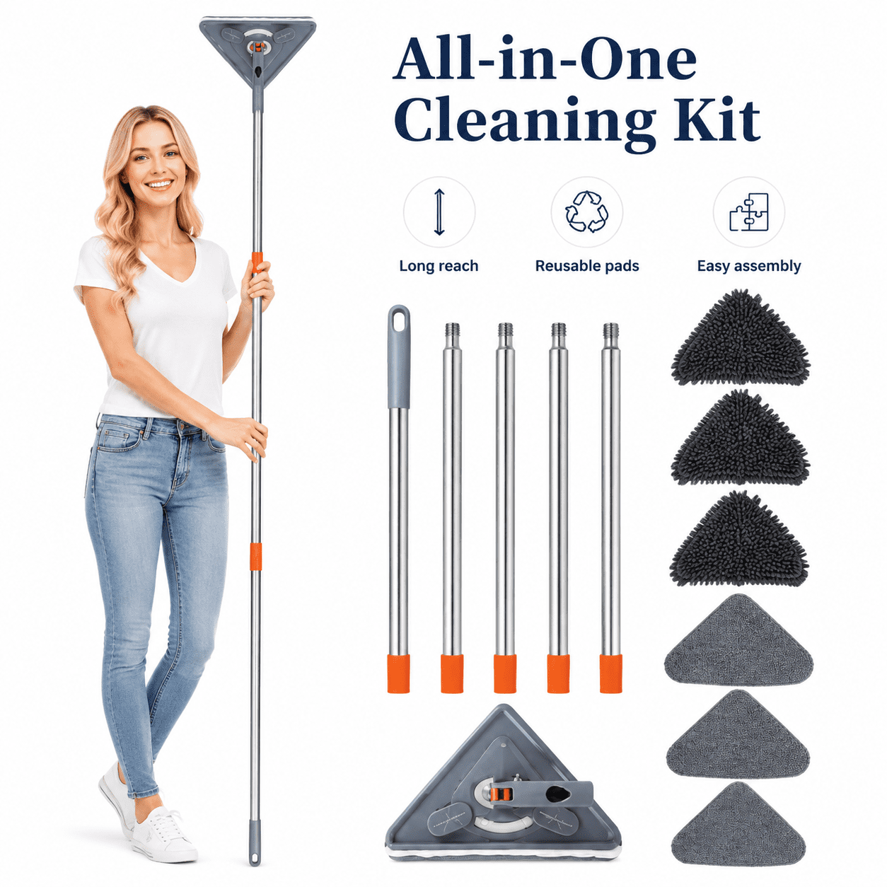 Wall Cleaner Mop with Long Handle from 25 to 85 inch, 6 Replacement Pads,Microfiber 360  Rotating Triangle Adjustable Dry Wall Cleaning