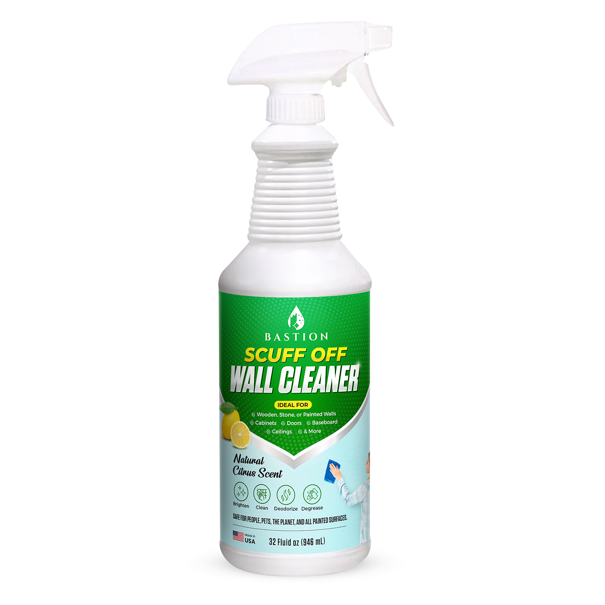 Wall Cleaner Spray for Painted Wall. Use with Mop Brush Sponge 32oz by Bastion