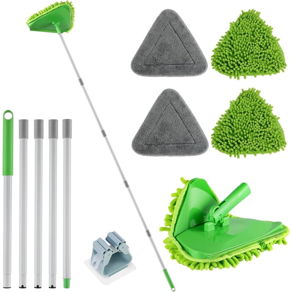Wall Cleaner Triangle Mop with 82'' Long Handle - Wall Scrubber, Cleaning Washer Tool with 4 Microfiber Chenille Duster Pads for Clean Walls, Ceiling, Windows, Baseboards, Floors (Orange)