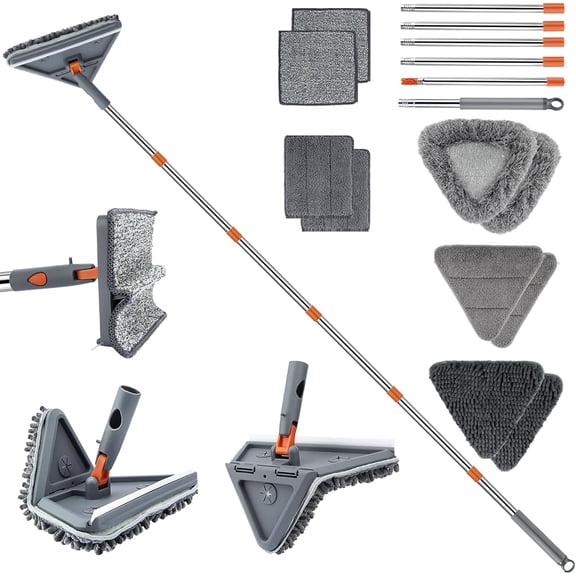 Wall Cleaning Mop, with 94 Inch Long Handle, 2-in-1 Triangle and Rectangular Head with Squeegee, 10 Washable Pads, Cleaning Tools for Walls, Ceilings, Windows, Glass, Fans, Doors, Corners, and Kickpl
