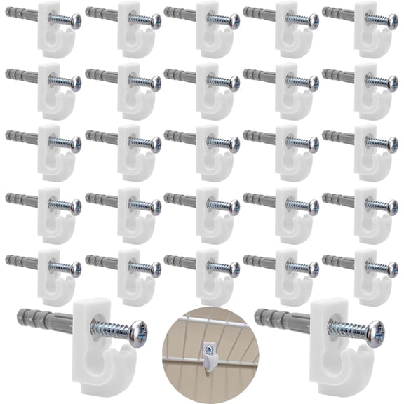Down Wall Clips- 30 Sets Wire Shelf Brackets Loop -Closet Shelves Clips-Wire Shelf Back Wall Clip,Included Clips,Screws and Expansion Tubes ,Plastic,White,30 Sets (Pack of 1)
