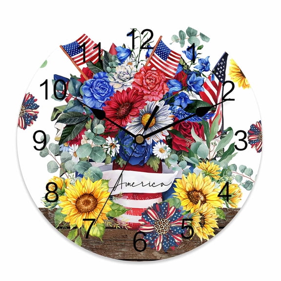 Wall Clock 10 Inch 4th of July Round Silent Decorative Wall Clocks Battery Operated for Living Room Bedroom Kitchen Classroom Decor, Memorial Day Sunflower Rustic Farmhouse Floral,Small