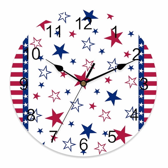 Wall Clock 10 Inch 4th of July Round Silent Decorative Wall Clocks Battery Operated for Living Room Bedroom Kitchen Classroom Decor, Patriotic Memorial Day Red Blue Stripes Stars,Small