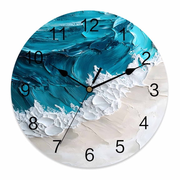 Wall Clock 10 Inch Abstract Beach Round Silent Decorative Wall Clocks Battery Operated for Living Room Bedroom Kitchen Classroom Decor, Blue Textures Sandy Brown,Small