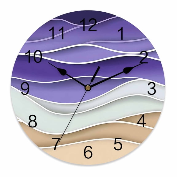 Wall Clock 10 Inch Abstract Coastal Round Silent Decorative Wall Clocks Battery Operated for Living Room Bedroom Kitchen Classroom Decor, Wave Pattern Beach Purple,Small