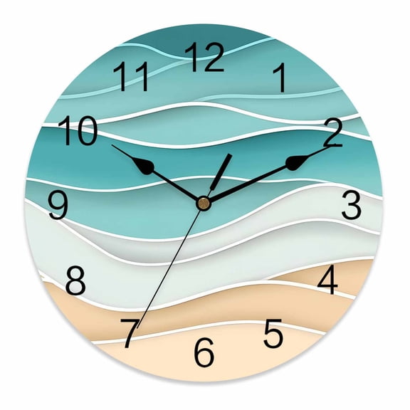 Wall Clock 10 Inch Abstract Coastal Round Silent Decorative Wall Clocks Battery Operated for Living Room Bedroom Kitchen Classroom Decor, Wave Pattern Beach Blue Sandy Brown,Small
