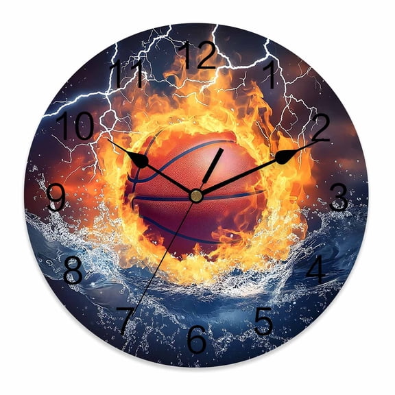 Wall Clock 10 Inch Basketball on Fire Round Silent Decorative Wall Clocks Battery Operated for Living Room Bedroom Kitchen Classroom Decor, Water And Lightning,Small