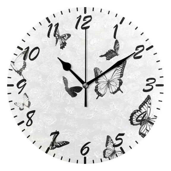 Wall Clock 10 Inch Battery Operated Clocks Living Room Decor, Silent Non-Ticking for Living Room Home Kitchen office Cartoon Clock Black and White Butterflies Pattern