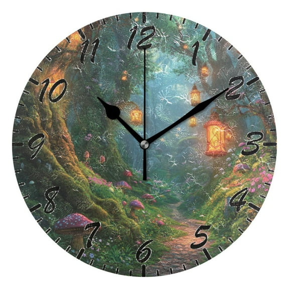 Wall Clock 10 Inch Battery Operated Clocks Living Room Decor, Silent Non-Ticking for Living Room Home Kitchen office Cartoon Clock Magic Forest Scene