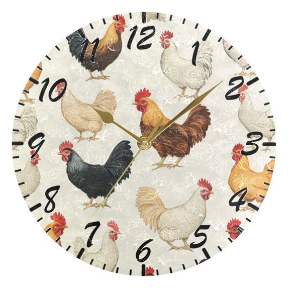 Wall Clock 10 Inch Battery Operated Clocks Living Room Decor, Silent Non-Ticking for Living Room Home Kitchen office Clock Chickens Pattern