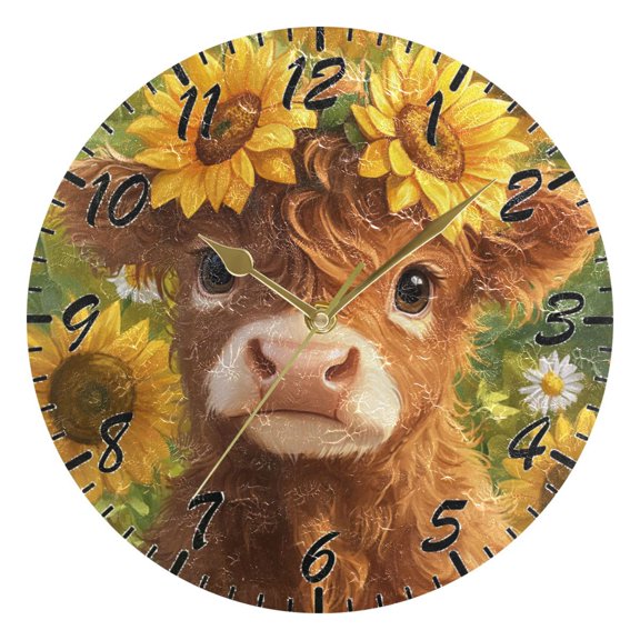 Wall Clock 10 Inch Battery Operated Clocks Living Room Decor, Silent Non-Ticking for Living Room Home Kitchen office Clock Cute Highland Cow