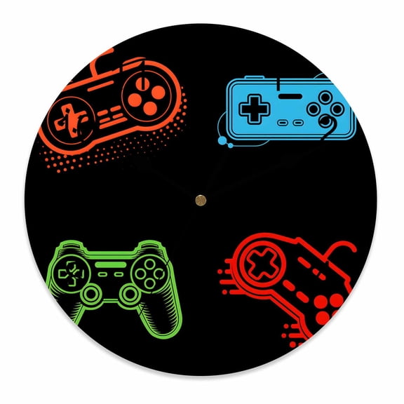 Wall Clock 10 Inch Black Video Game Themed Round Silent Decorative Wall Clocks Battery Operated for Living Room Bedroom Kitchen Classroom Decor, Gamer Game Controller Lines,Small