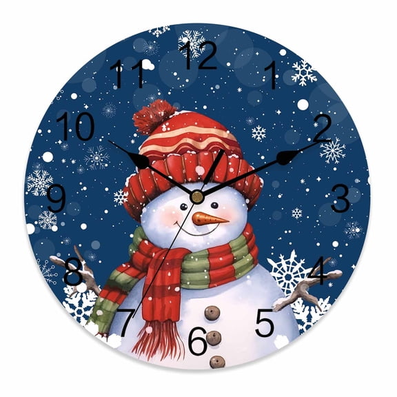 Wall Clock 10 Inch Blue Christmas Snowman Round Silent Decorative Wall Clocks Battery Operated for Living Room Bedroom Kitchen Classroom Decor, Winter Snowflakes,Small