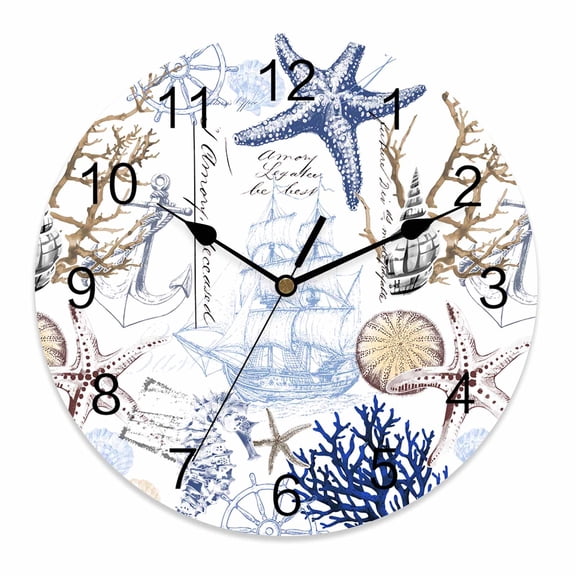 Wall Clock 10 Inch Blue Coastal Nautical Round Silent Decorative Wall Clocks Battery Operated for Living Room Bedroom Kitchen Classroom Decor, Shell Starfish Conch Coral White,Small