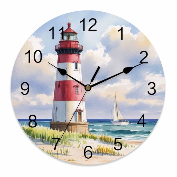 Wall Clock 10 Inch Blue Nautical Ocean Round Silent Decorative Wall Clocks Battery Operated for Living Room Bedroom Kitchen Classroom Decor, Abstract Lighthouse Beach Boat,Small