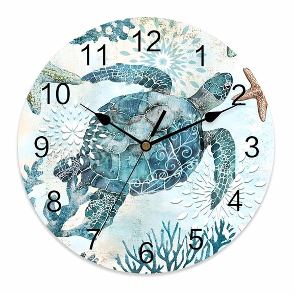 Wall Clock 10 Inch Blue Sea Turtle Starfish Round Silent Decorative Wall Clocks Battery Operated for Living Room Bedroom Kitchen Classroom Decor, Summer Ocean Coastal,Small