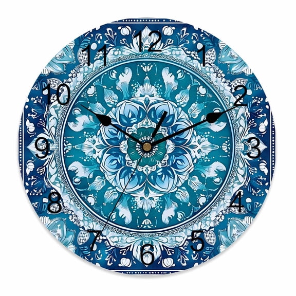 Wall Clock 10 Inch Boho Retro Round Silent Decorative Wall Clocks Battery Operated for Living Room Bedroom Kitchen Classroom Decor, Ethnic Tribal Floral Pattern Turquoise Teal,Small