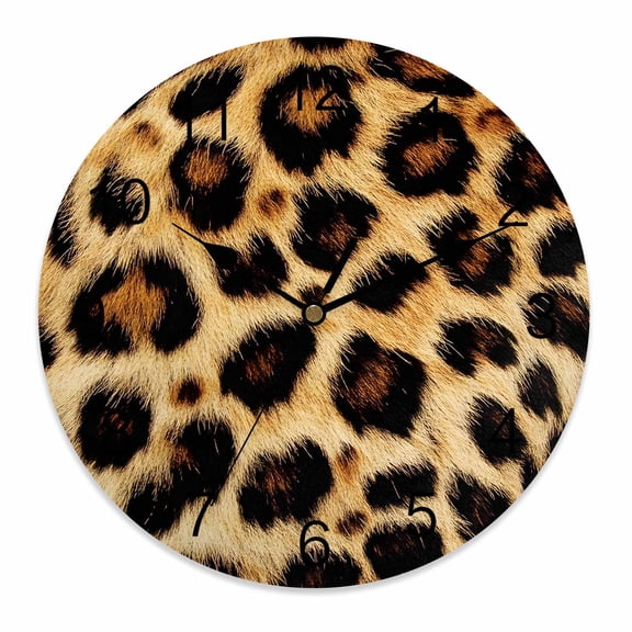 Wall Clock 10 Inch Brown Leopard Print Round Silent Decorative Wall Clocks Battery Operated for Living Room Bedroom Kitchen Classroom Decor, Vintage Leopard Pattern,Small