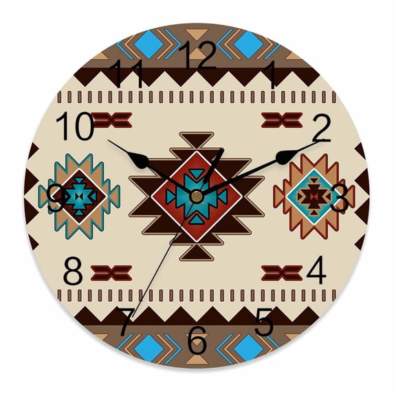 Wall Clock 10 Inch Brown Turquoise Southwest Texture Round Silent Decorative Wall Clocks Battery Operated for Living Room Bedroom Kitchen Classroom Decor, Tribal Geometric Pattern,Small